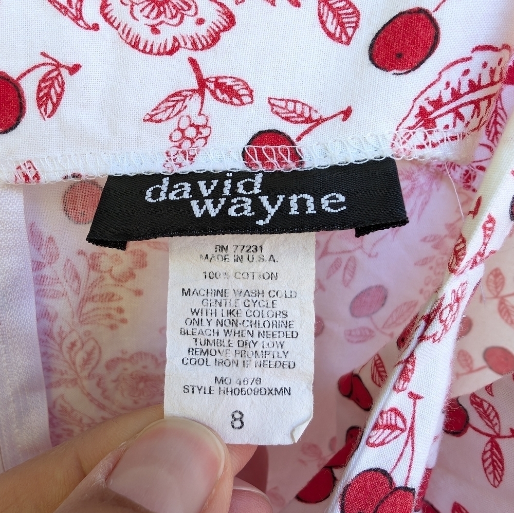 Vintage Y2K 90s David Wayne Red White 100% Cotton Floral Cherries Sun Dress 8 - Picture 5 of 6